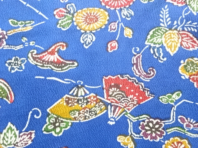  扇に草花模様小紋着物